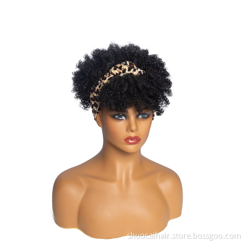 SC Hot Selling Afro Kinky Curly Head Band Wigs Short Puff Synthetic Black Hair Wig With Leopard Print Turban Head-Wrap Attached